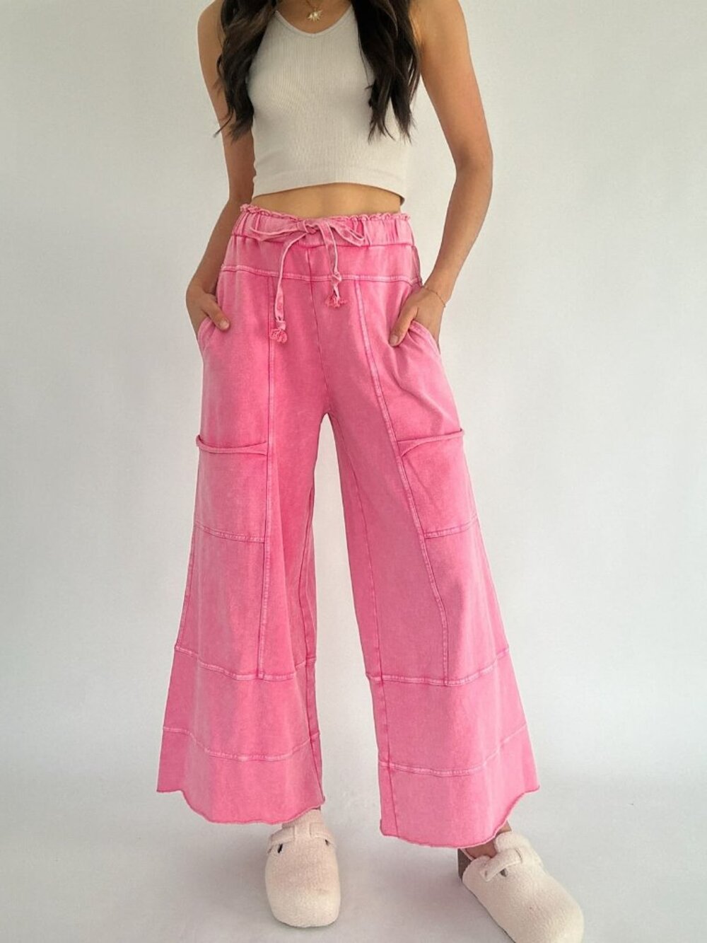 Easel Mineral Wash Traveller Wide Leg Pants - Pink - Size Small